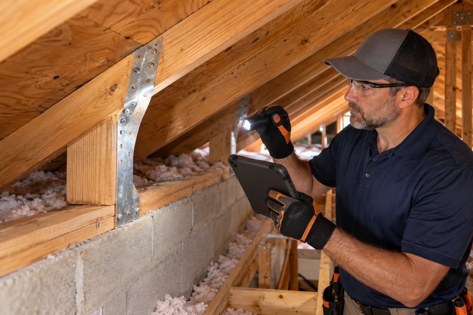 Inspector documenting a hurricane strap during a Florida wind mitigation inspection
