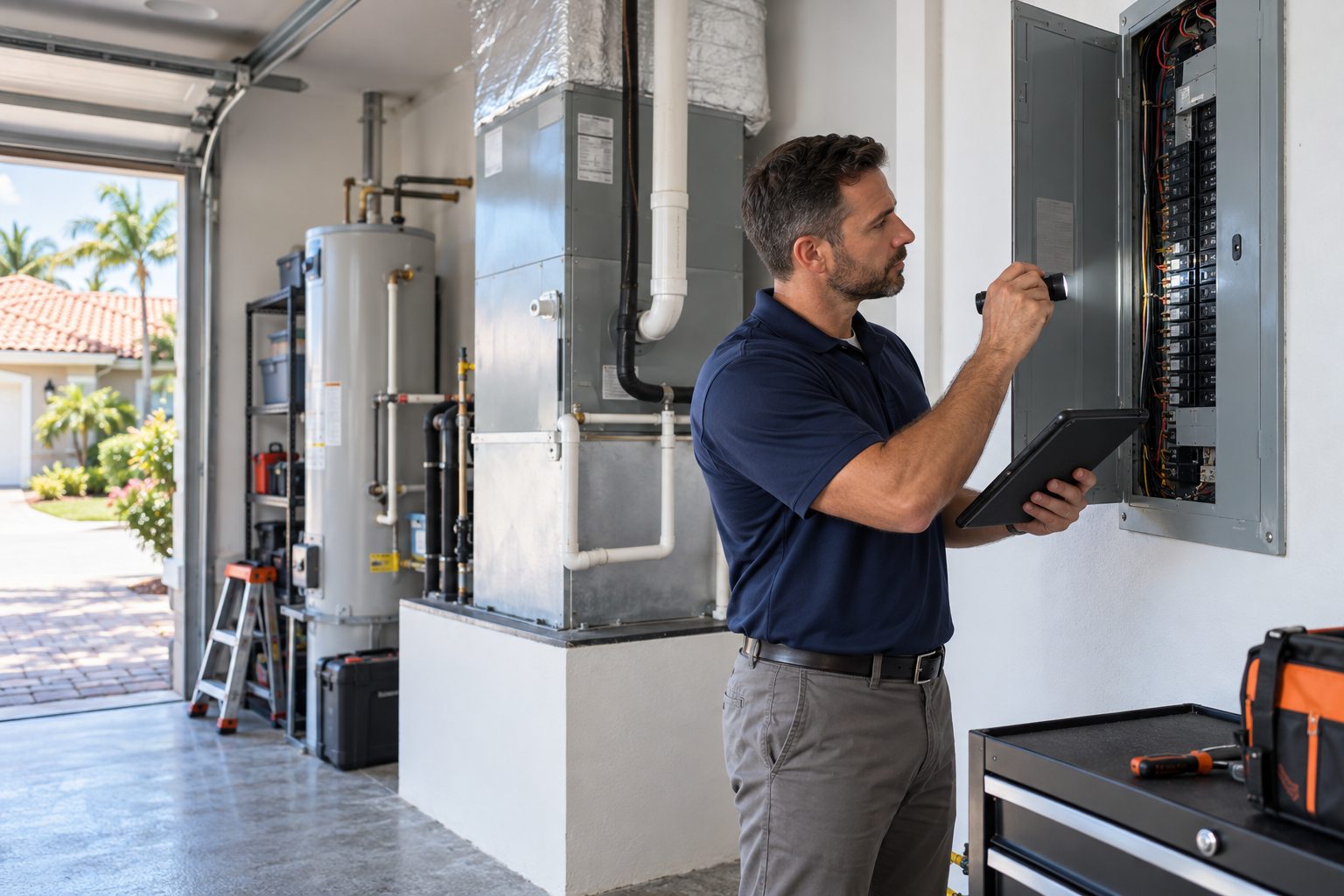 Inspector documenting an electrical panel during a Florida four-point inspection