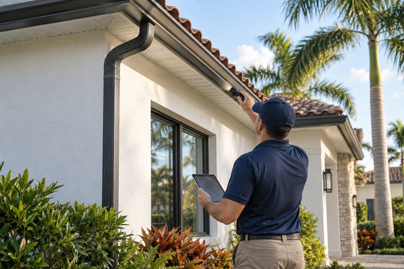 Home inspector examining the roofline and exterior of a South Florida home