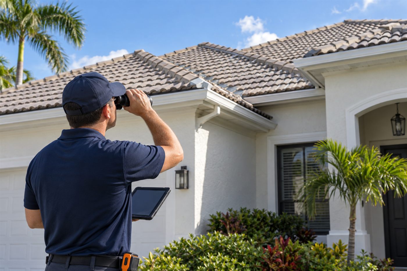 Inspector documenting the condition of a South Florida tile roof